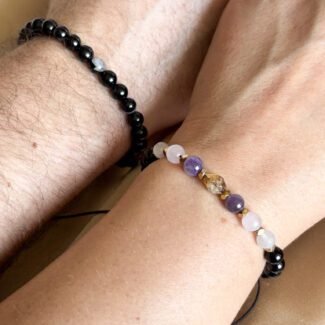 Zestaw bransoletek dla par, przyjaciół 2 sztuki Czarny turmalin, ametyst, cytryn, hematyt, kwarc różowy, kryształ górski bransoletka na rzemyku dodatki srebrne lub złote