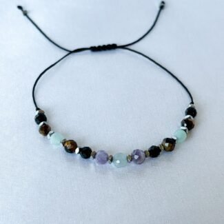 Turmalin czarny, Tygrysie oko, Amazonit, Akwamaryn, Ametyst i Hematyt Bransoletka na rzemyku srebrne lub złote wykończenie