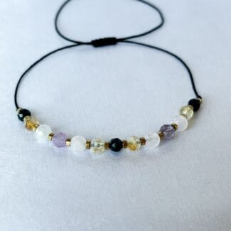 Turmalin czarny, Cytryn, Ametyst, Kwarc różowy i Hematyt Bransoletka na rzemyku srebrne lub złote wykończenie