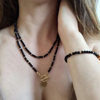 Naszyjnik podwójny jadeit czarny i hematyt wykończenie srebrne lub złote 100 cm