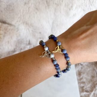 Bransoletka z kamieni na gumce Hematyt i Sodalit ptaszek