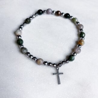 Bransoletka z kamieni na gumce Hematyt i agat indyjski różaniec na rękę