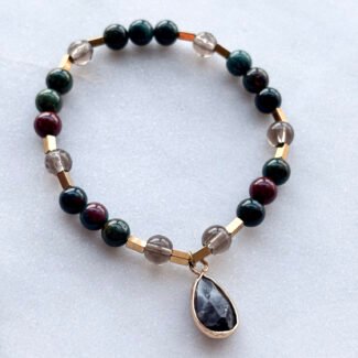 Bransoletka z kamieni na gumce Hematyt i agat oraz labradoryt w zawieszce