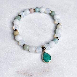 Bransoletka z kamieni na gumce Hematyt, Amazonit i Jadeit