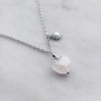 Łańcuszek stal szlachetna zawieszka kwarc różowy serce fasetowane