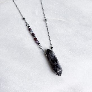 Łańcuszek stal szlachetna zawieszka larvikit z bocznymi kamieniami szafiru