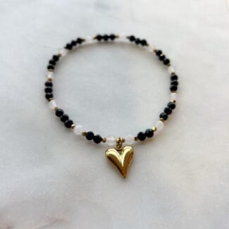 Bransoletka Kwarc różowy, Hematyt i Turmalin czarny, zawieszka serce