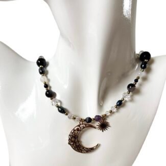 Unikat, naszyjnik miks kamieni i hematyt, zawieszka księżyc i gwiazdka z boku